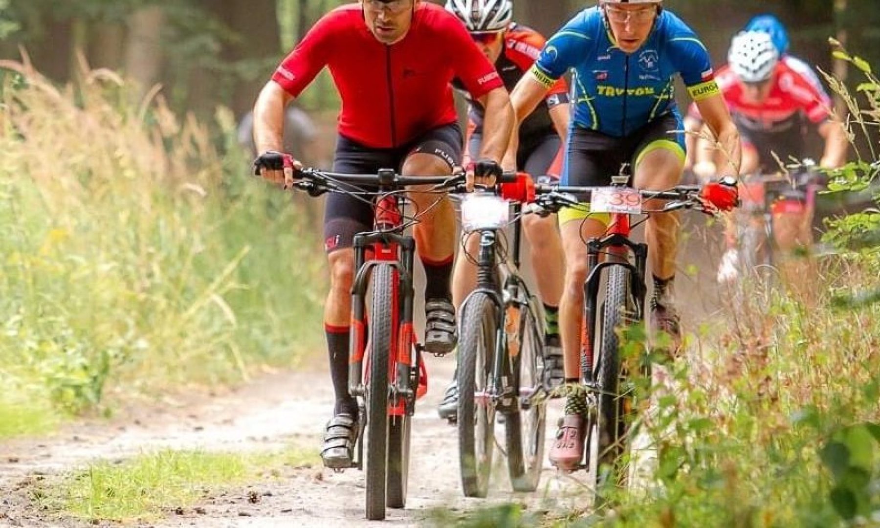 Grupa kolarzy MTB na leśnej drodze podczas wyścigu